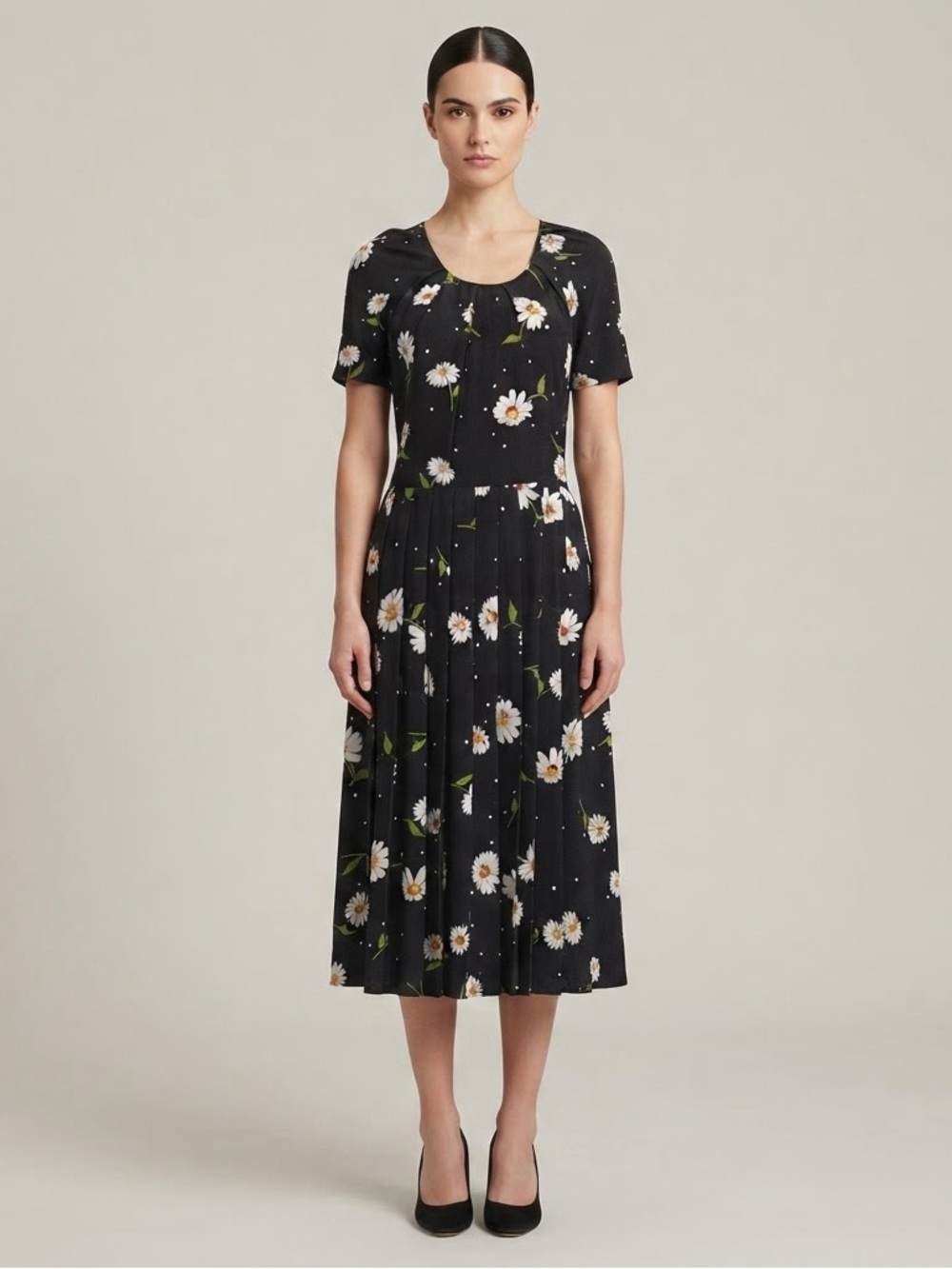 The Kooples Floral Black Daisy Print Silk Short Sleeve Pleated Midi Dress Sz 2